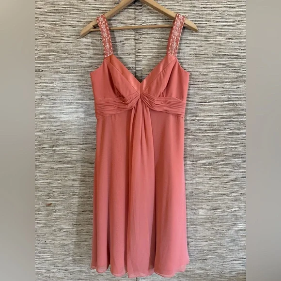 David's Bridal | Dresses | Davids Bridal Chiffon Dress Pintuck Pink Coral  Sleeveless Embroidered Size 8 | Poshmark